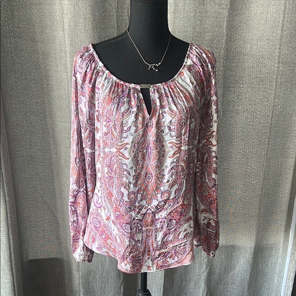 White House Black Market Pink and White Relaxed Tie Front Blouse